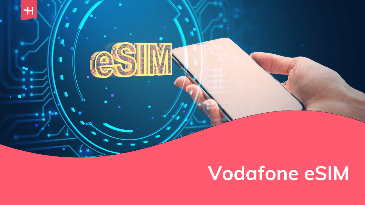 Foto van iemand die een smartphone vasthoudt met op de achtergrond het woord "eSIM" als uitgelichte afbeelding voor een artikel over de Vodafone eSIM
