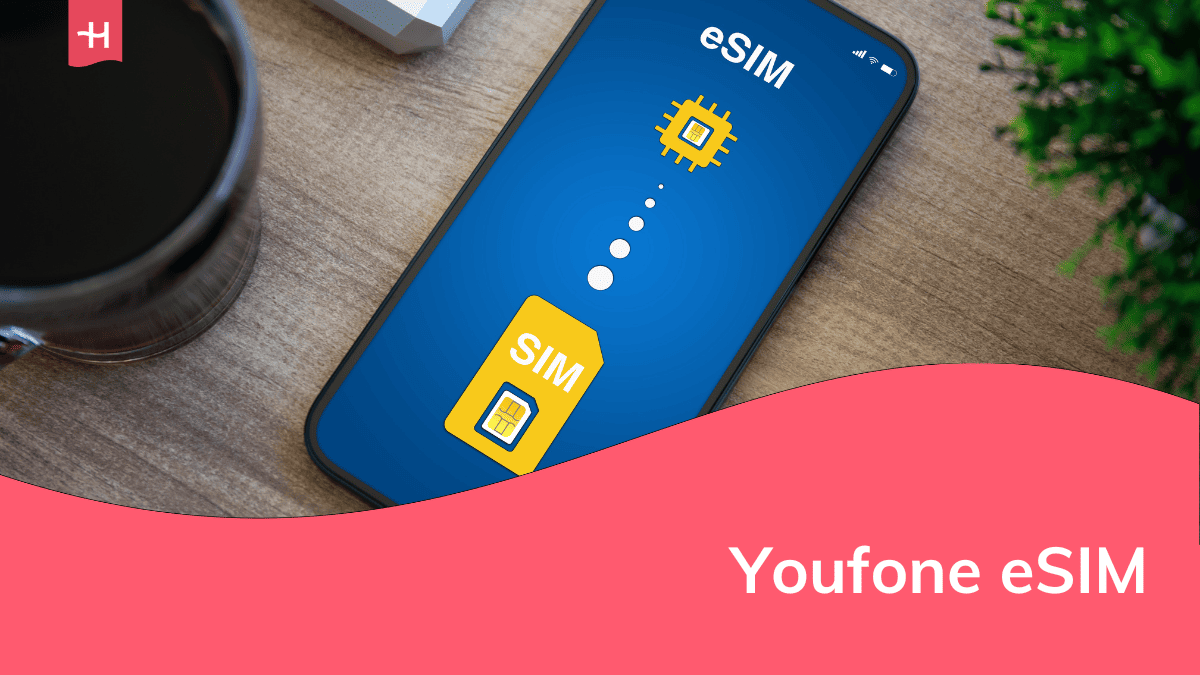 Foto van een smartphone met daarop de woorden "SIM" en "eSIM" als uitgelichte afbeelding voor een artikel over de Youfone eSIM