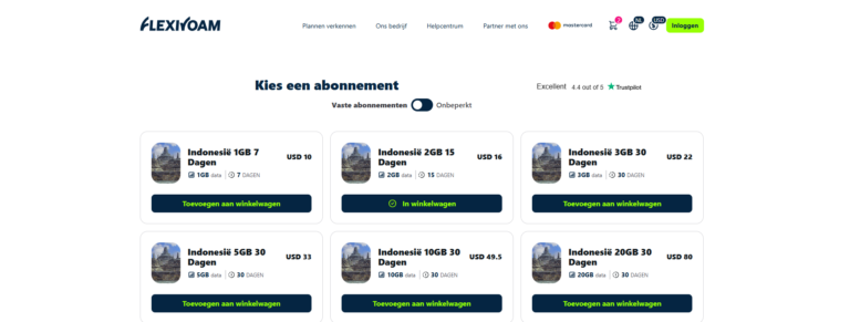 Screenshot van de bundels voor Indonesië aangeboden door Flexiroam