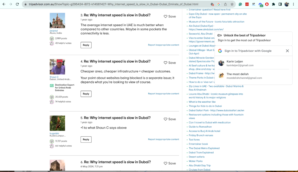 Screenshot van enkele threads op Tripadvisor waar gebruikers klagen over het traag internet in Dubai