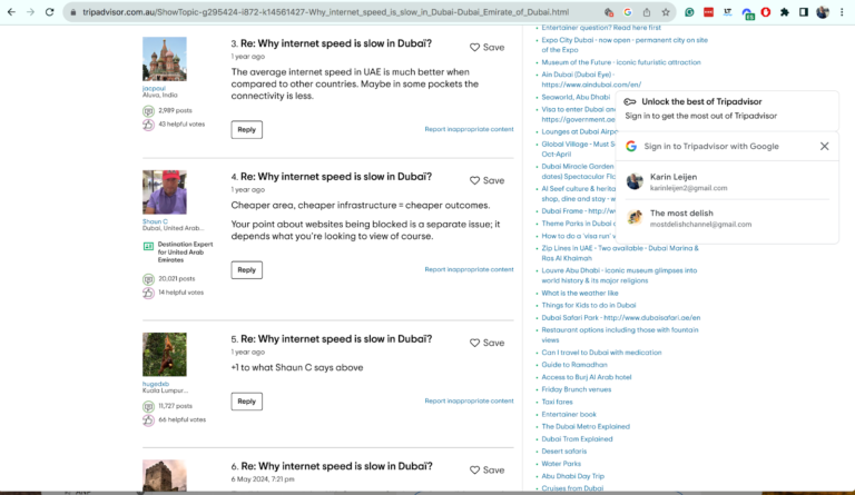Screenshot van enkele threads op Tripadvisor waar gebruikers klagen over het traag internet in Dubai