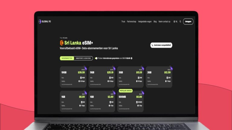Screenshot van een laptopscherm met daarop informatie over de Global YO eSIM voor Sri Lanka