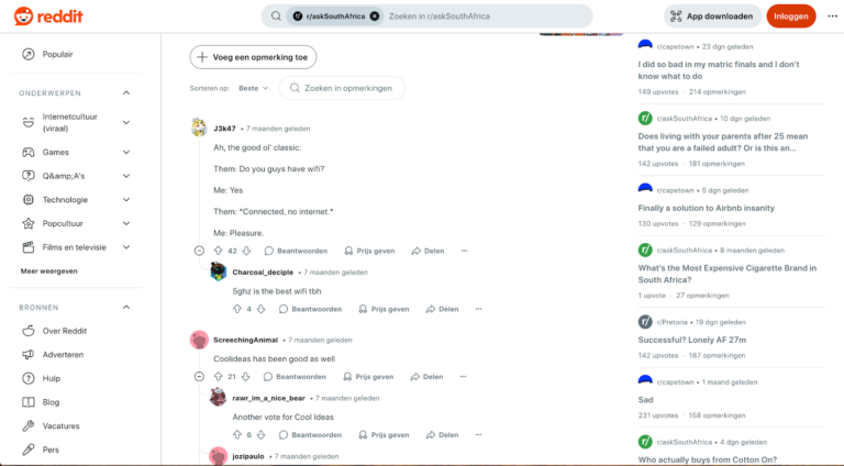 Screenshot van een thread op Reddit waarin gebruikers de slechteekwaliteit van openbare wifi bespreken.