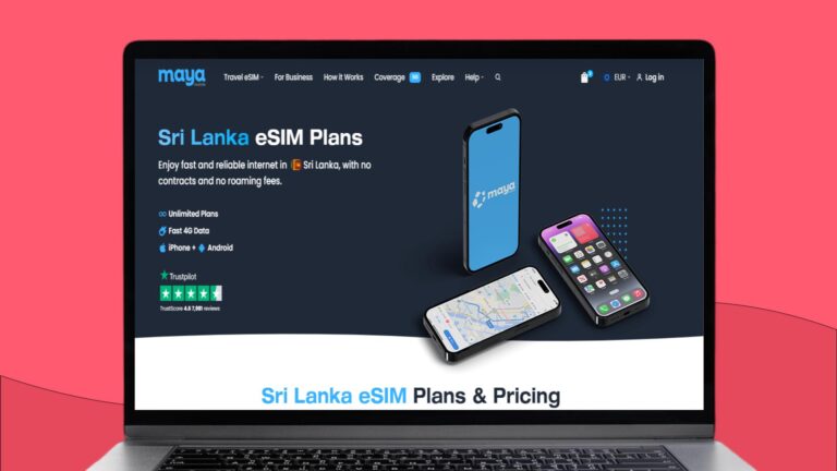 Screenshot van een laptopscherm met daarop informatie over de Maya eSIM voor Sri Lanka
