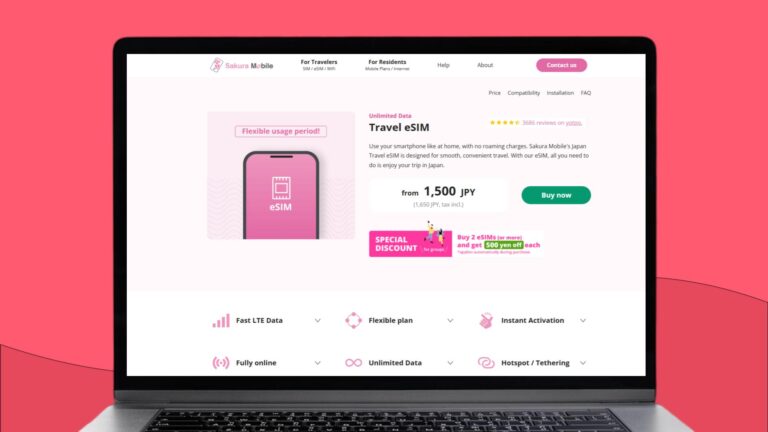 Screenshot van laptopscherm met daarop meer informatie over de Sakura Mobile eSIM voor Japan