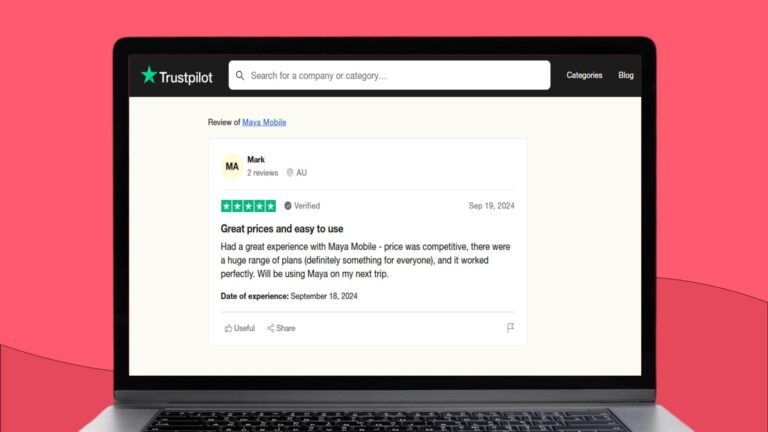Screenshot van een getuigenis op Trustpilot waarin gebruiker Mark aanhaalt dat hij tevreden is over de prijs-kwaliteit en bundels van Maya Mobile