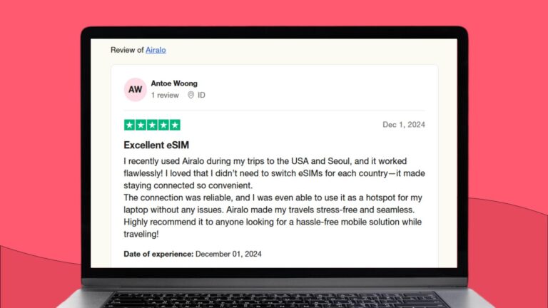 Screenshot van getuigenis van een gebruiker die tevreden was over de dekking van Airalo in de VS en Seoul