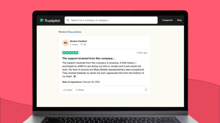 Screenshot van een review op Trustpilot over de goede klantenservice van Maya