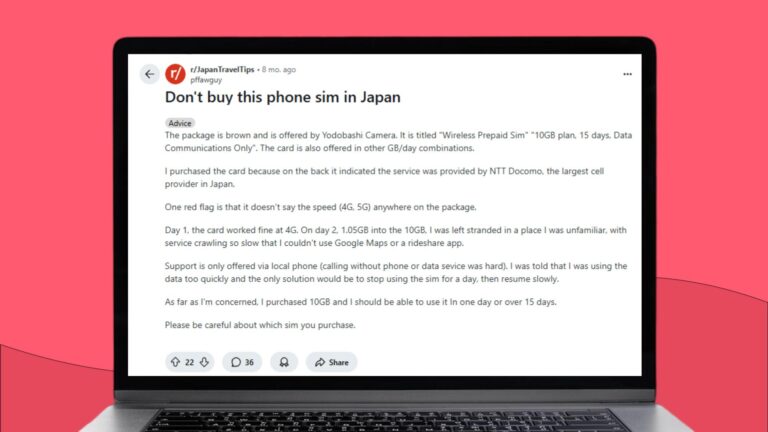 Laptopscherm met daarop een thread op Reddit waarin een gebruiker klaagt over de kwaliteit van de simkaart van NTT Docomo in Japan