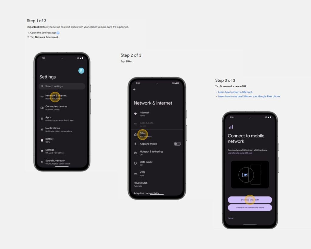 Afbeelding met 3 Google Pixel-telefoons op waarop instructies staan waarmee je een eSIM kunt installeren