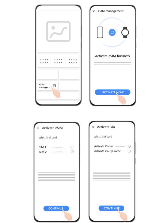 Afbeelding van 4 smartphones waarop de instructies staan aangegeven waarmee je een eSIM kunt installeren op een smartwatch