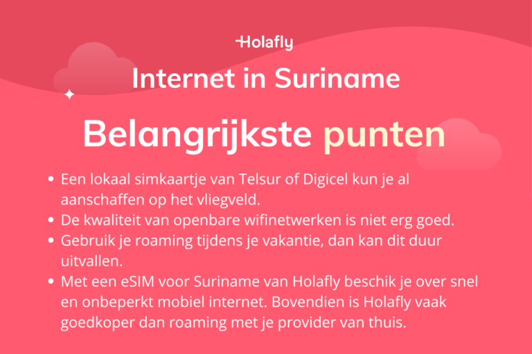 Afbeelding met daarop de belangrijkste punten over internet in Suriname samengevat