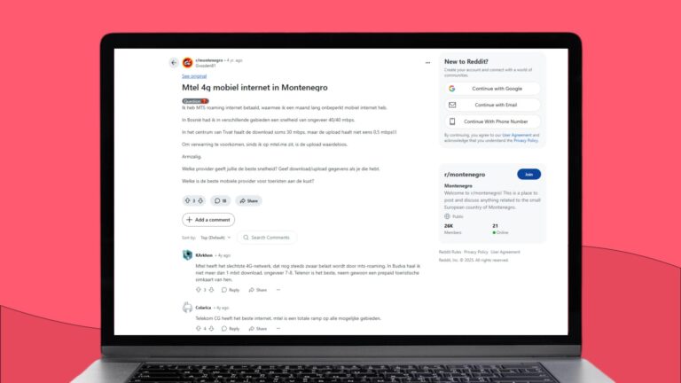 Laptopscherm met daarop een thread op Reddit waarin gebruikers hun ervaringen met het netwerk van Mtel bespreken.