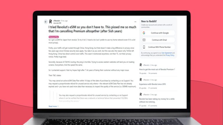 Laptopscherm met daarop een Reddit-thread waarin een getuigenis klaagt over de kwaliteit van de eSIM voor Japan