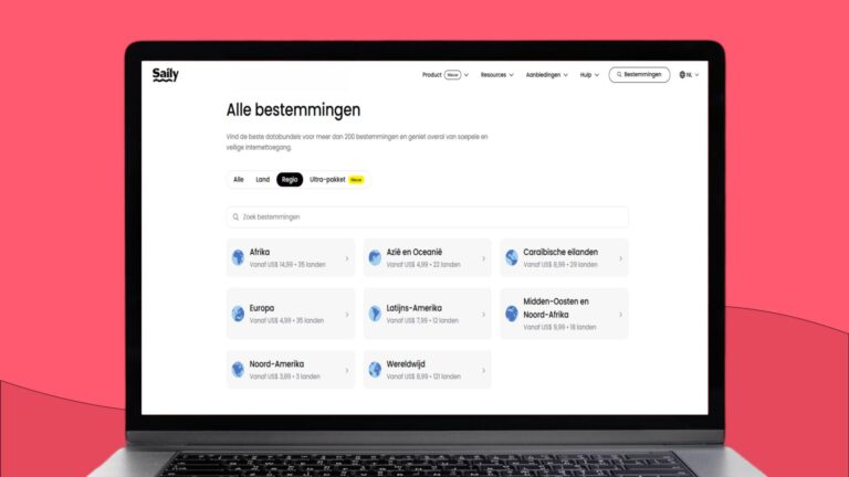 Laptopscherm met daarop de website van Saily en de aangeboden bestemmingen