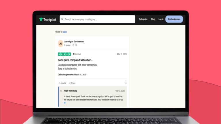 Laptopscherm met daarop een positieve Trustpilot-review over de prijzen van Saily