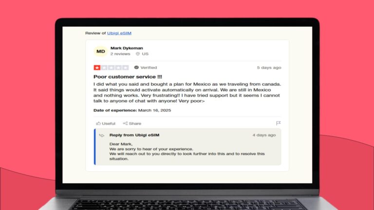 Screenshot van Tripadvisor waar een gebruiker klaagt over het uitblijven van hulp van Ubigi.