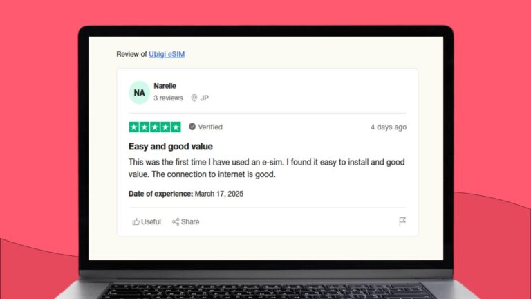 Screenshot van Trustpilot waarin een gebruiker aangeeft tevreden te zijn met de netwerkkwaliteit van Ubigi
