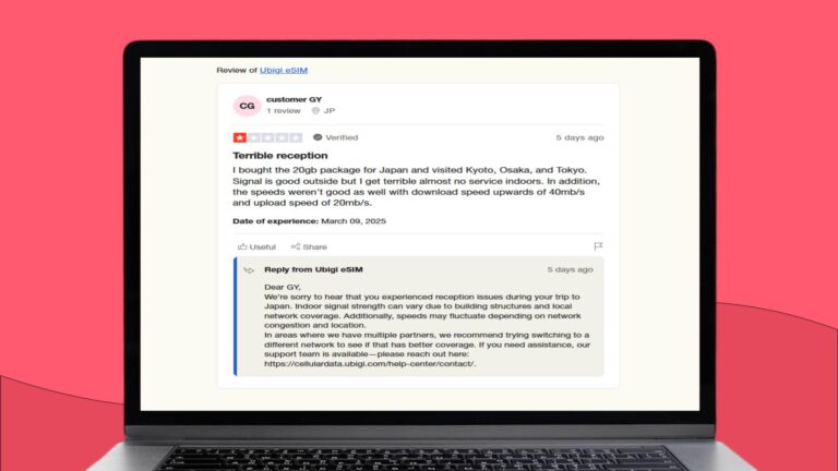 Screenshot van Tripadvisor waar een gebruiker meldt dat de netwerkverbinding van Ubigi slecht is in relatief grote steden.