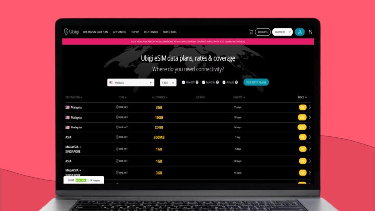 Laptopscherm met informatie over de Ubigi eSIM voor Maleisië