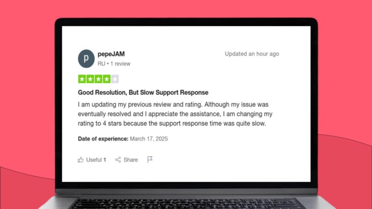 Screenshot met daarop een Trustpilot review over de klantenservice van Yesim