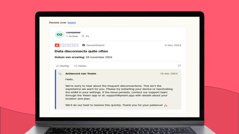 Screenshot met daarop een Trustpilot review over de netwerkkwaliteit van Yesim