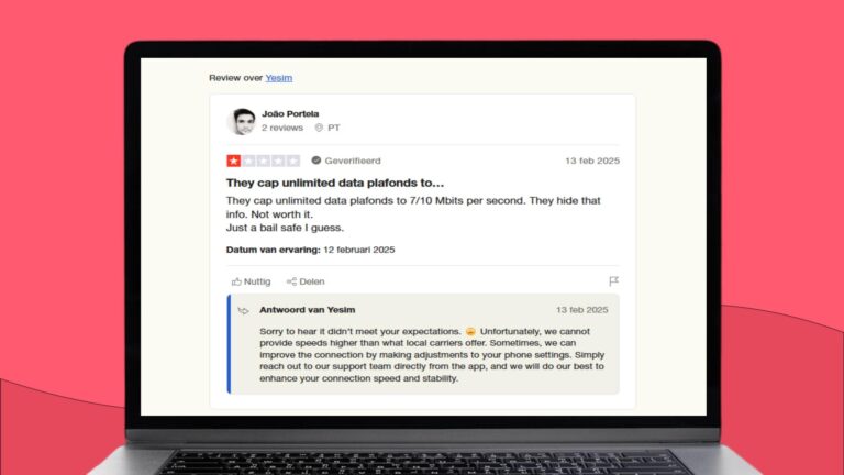 Screenshot met daarop een Trustpilot review over de onbeperkte databundels van Yesim