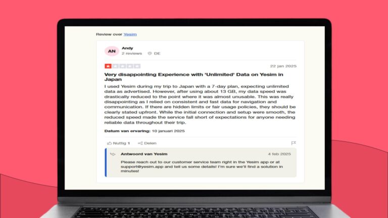 Screenshot met daarop een Trustpilot review over de onbeperkte databundels van Yesim
