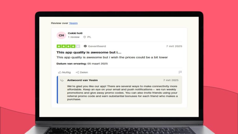 Screenshot met daarop een Trustpilot review over de prijzen van Yesim 