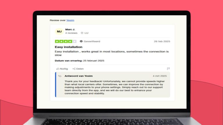 Screenshot met daarop een Trustpilot review over de netwerkverbinding van Yesim