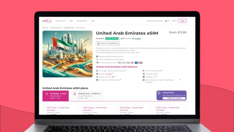 Laptopscherm met daarop informatie over de eSIM voor Dubai van eSIM.sm