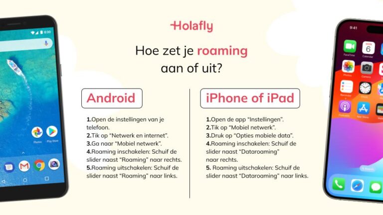 Afbeelding met stappenplan waarin wordt uitgelegd hoe je roaming in- of uitschakelt met aan de linkerkant een foto van een Android-telefoon en aan de rechterkant een foto van een iPhone