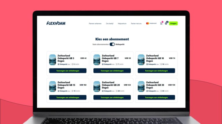 Laptopscherm met daarop informatie over de FlexiRoam eSIM voor Zwitserland