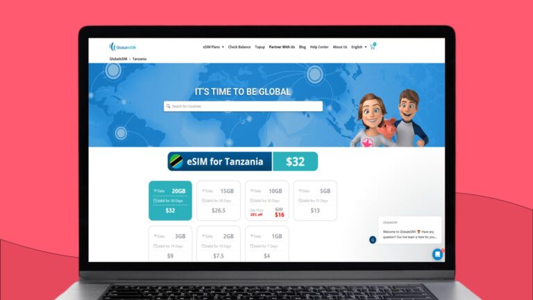 Laptopscherm met daarop informatie over de GlobaleSIM eSIM voor Tanzania en Zanzibar