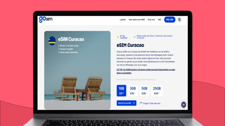 Laptopscherm met daarop informatie over de GoSim eSIM voor Curaçao