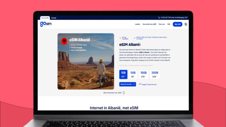 Laptopscherm met daarop informatie over de GoSim eSIM voor Albanië