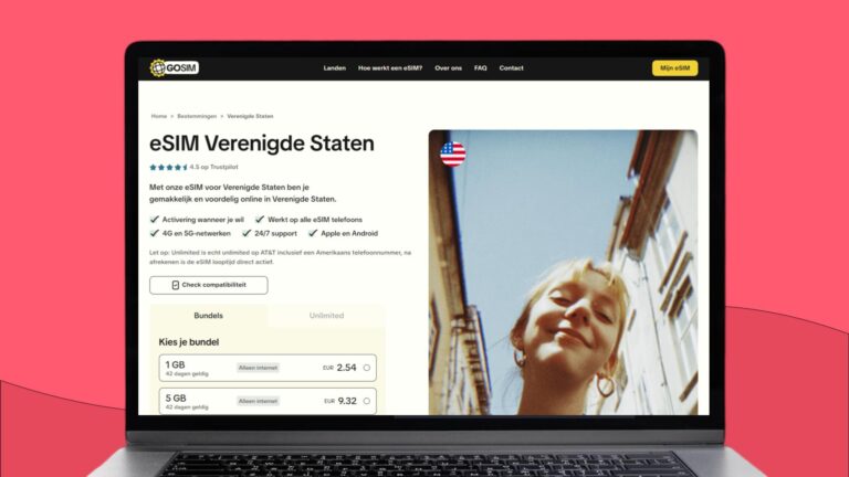 Laptopscherm met daarop de website van Gosim geopend op de pagina over de eSIM voor de VS (inclusief New York)