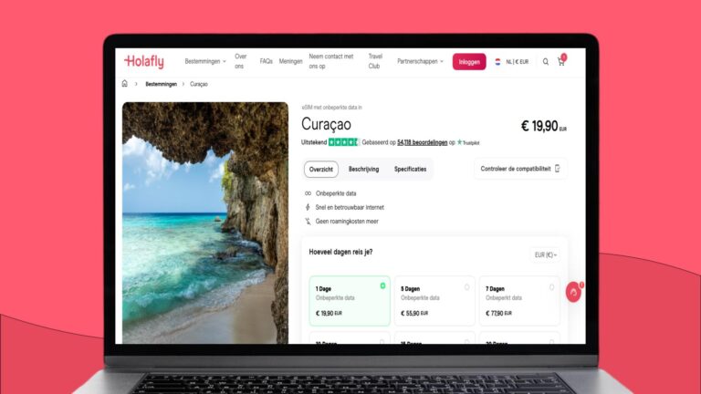 Laptopscherm met daarop informatie over de Holafly eSIM voor Curaçao