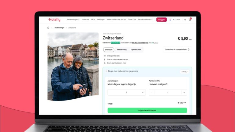 Laptopscherm met daarop informatie over de Holafly eSIM voor Zwitserland