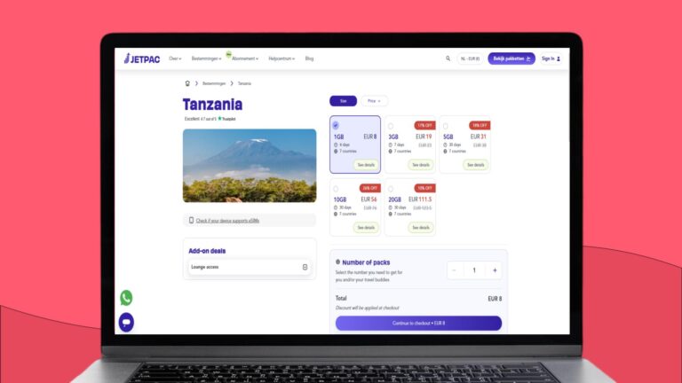 Laptopscherm met daarop informatie over de Jetpac eSIM voor Tanzania en Zanzibar