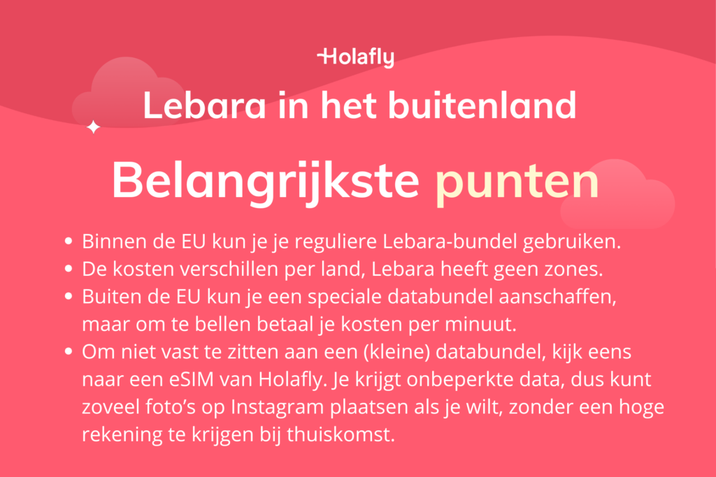 Afbeelding met daarop de belangrijkste punten over Lebara in het buitenland samengevat