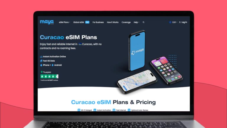 Laptopscherm met daarop informatie over de Maya eSIM voor Curaçao