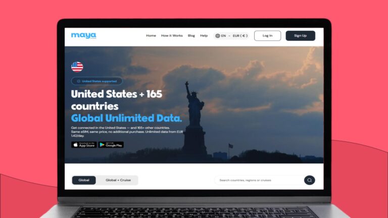 Laptopscherm met daarop de website van Maya Mobile geopend op de pagina over de eSIM voor de VS (inclusief New York)