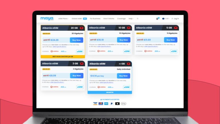 Laptopscherm met daarop informatie over de Maya eSIM voor Albanië