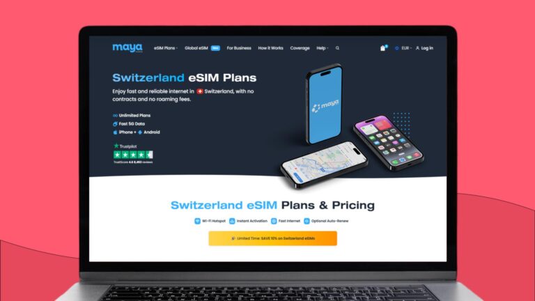 Laptopscherm met daarop informatie over de Maya eSIM voor Zwitserland
