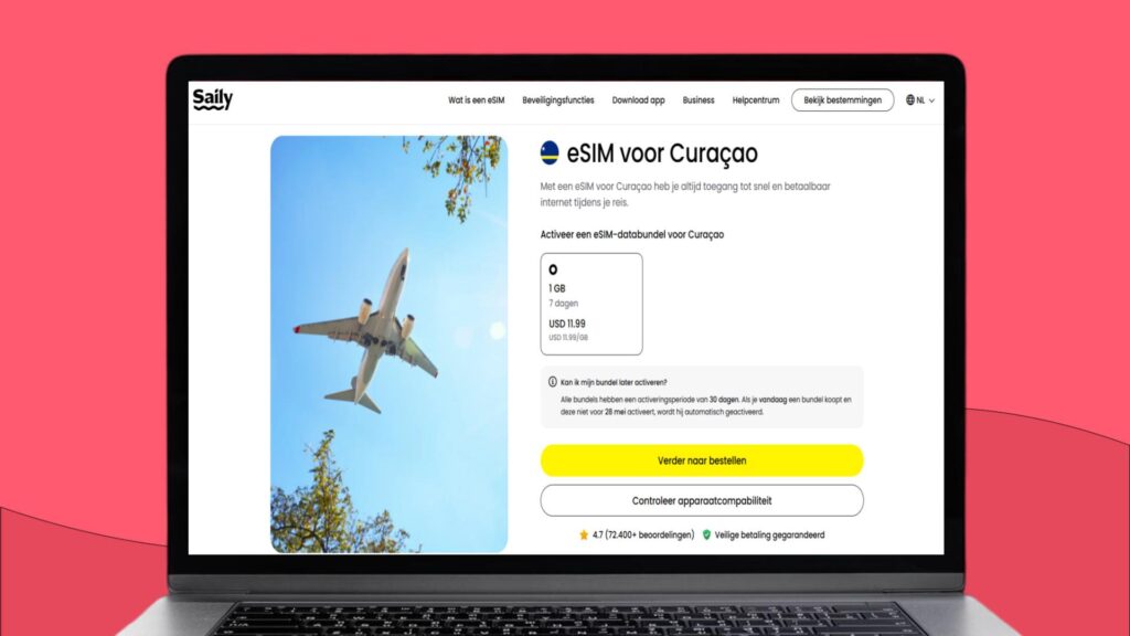 Laptopscherm met daarop informatie over de Saily eSIM voor Curaçao