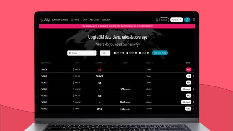 Laptopscherm met daarop informatie over de Ubigi eSIM voor Afrika