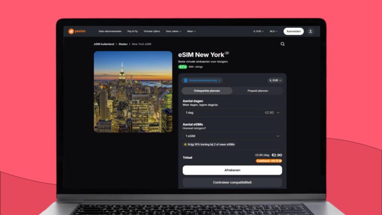 Laptopscherm met daarop de website van Yesim geopend op de pagina over de eSIM voor de VS (inclusief New York)