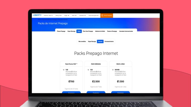 Laptopscherm met daarop informatie over de prepaidpakketten van Liberty in Costa Rica
