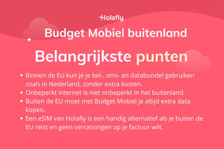 Afbeelding met daarop de belangrijkste punten over Budget Mobiel in het buitenland samengevat